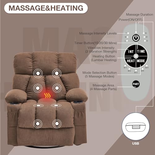 Massage Rocker Recliner Chair with Heat and Vibration Ergonomic Rocking Lounge Chair for Living Room Comfy Overstuffed Recliner with 4 Side Pockets,2 Cup Holders, USB Charge Port, Grey