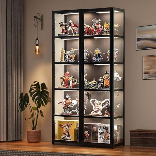 5-Tier Curio Display Cabinet, Storage Shelves with Acrylic Glass Door, Collectibles Toy Organizers Rack & Display Shelf, Kids Bookshelf and Bookcase for Playroom, Bedroom