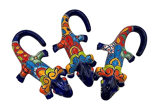 Talavera Pottery Iguana Mexican Pottery Wall Art Hand Painted Handmade Animal Sculpture Indoor Outdoor Folk Art Home Decor Length 12.25" (Multi 9)