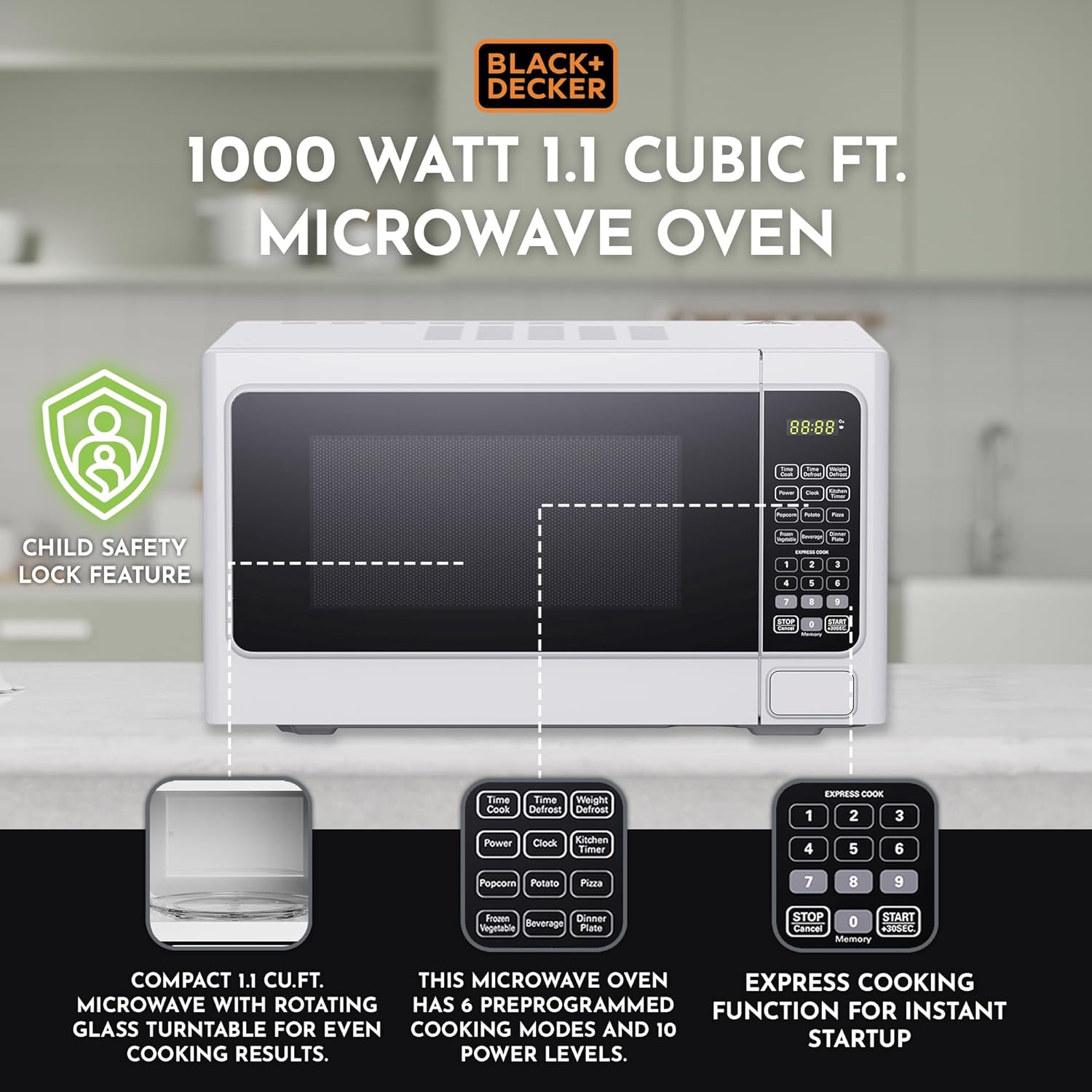 Black+Decker Compact 1000 Watt LED Display Countertop Small Microwave Oven with Turntable, Digital Controls, 6 Cooking Modes, White