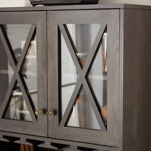 Sideboards Buffets Coffee Bar Cabinet Kitchen Pantry Cupboard Storage Serving Cabinet with Microwave Stand, Home Source Bar Cabinet and Hollow out Barn Design Wood Cabinet, Grey