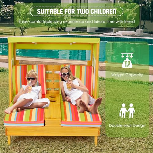 KOTEK Kids Lounge Chair Outdoor, Wood Double Chaise Lounge with Cup Holders, Removable Canopy & Stripped Fabric Cushions, Pool Kids Patio Furniture Cabana Lounger for Toddlers & Pets (Green+Orange)