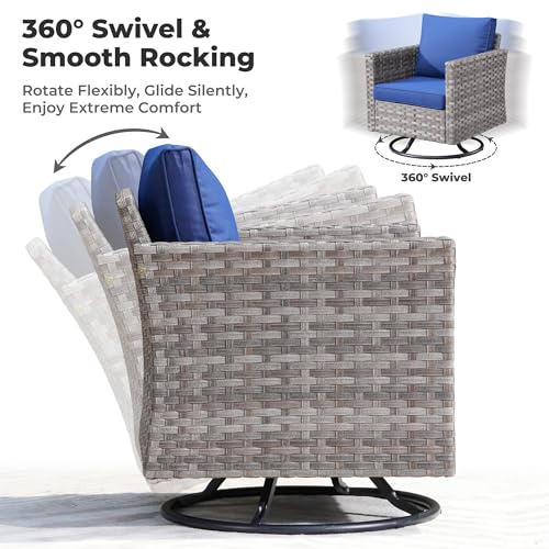 ovios 2 Pieces Patio Rocking Chairs Set, Outdoor Wicker Rattan Chairs of 2 with Comfortable Cushions and Deep Seat for Porch Garden Deck, Denim Blue