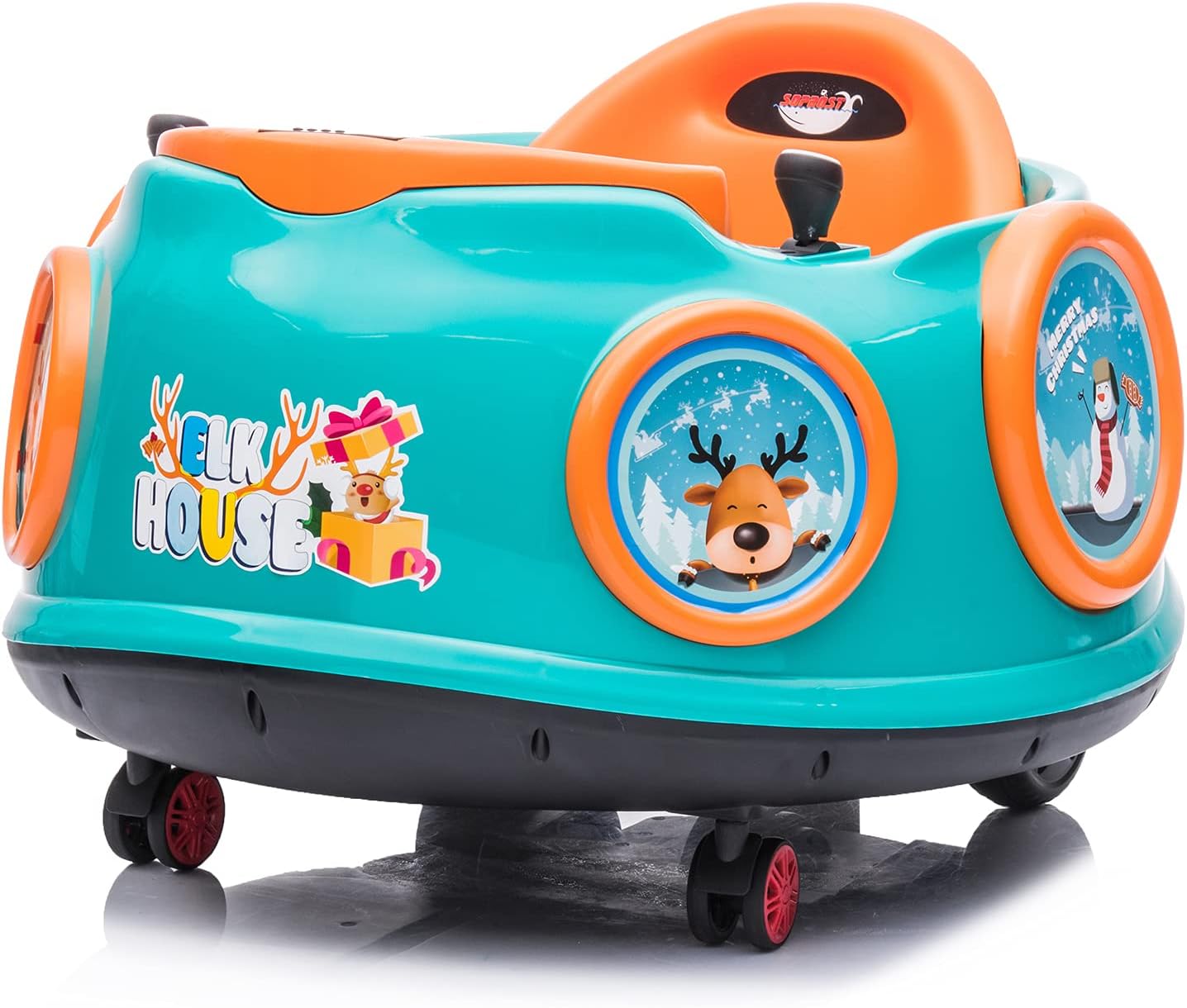 sopbost 6V Bumper Car for Kids, Electric Ride On Bumper Car with Remote Control, 360 Spin, Music & Story, Kids Bumper Car with Small Dinner Table, Baby Bumper Car (Elk, Blue)