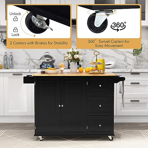GOFLAME Kitchen Island Cart with Drop Leaf, Rolling Kitchen Cart on Wheels with Rubber Wood Top, 3 Drawers, Towel & Spice Rack, 2-Door Cabinet, Serving Trolley Cart for Kitchen Dining Room (White)