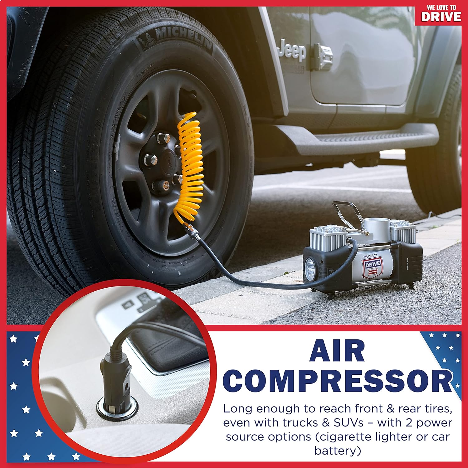 Air Pump and Tire Repair Kit �C 12V DC 150 PSI Portable Air Compressor & Car Emergency Kit with PSI Gauge, Adaptors, Hose, Car Plug, Clip Connectors, Tire Inflator & Tire Patch Kit by WE LOVE TO DRIVE