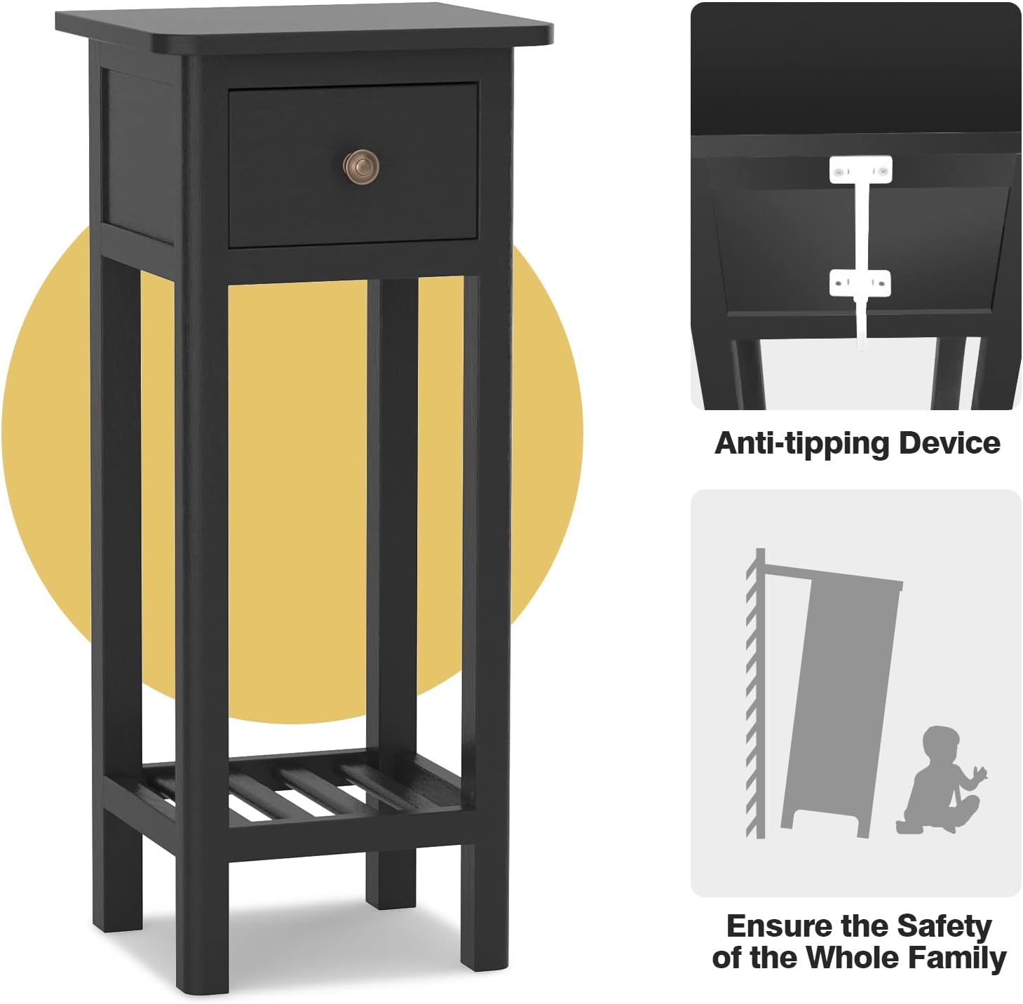 GORELAX Narrow End Table, Tall Nightstands Set of 2 with Drawer & Shelf, Slim Bedside Tables w/Anti-Tipping Device, No Assembly, Wooden Small Side Table for Small Space, Living Room, Bedroom, Black