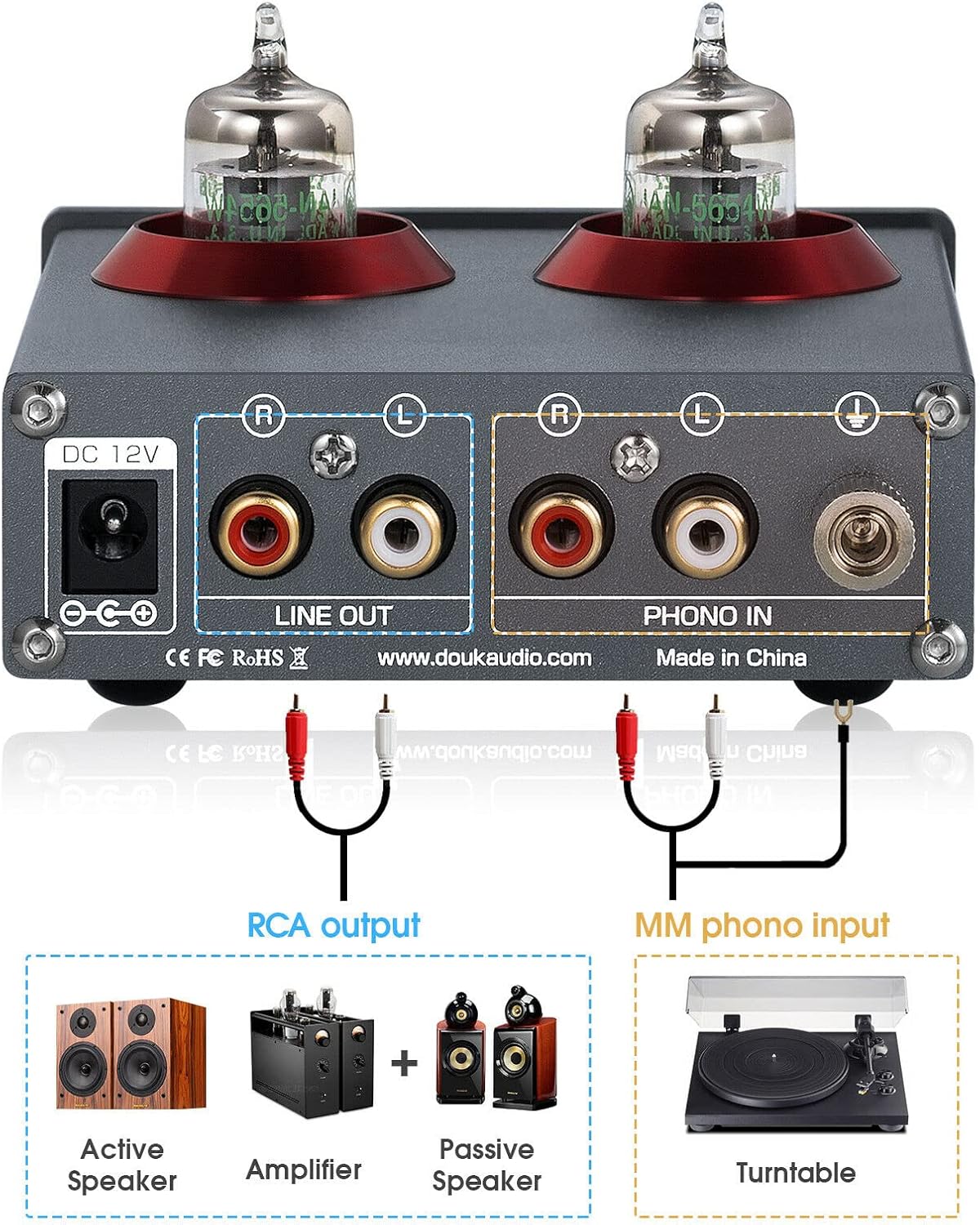 Vacuum Tube MM Phono Preamp Home Stereo Audio Turntable Preamplifier Mini Desktop Headphone Amp GE5654