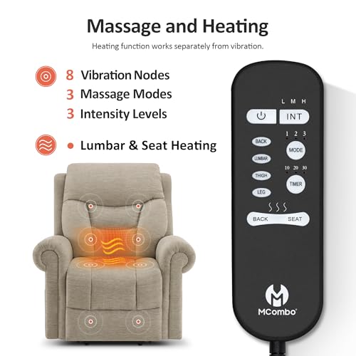 MCombo Triple Motor Power Lift Recliner Chair with Massage and Lumbar&seat Heating, Rolled Arms, Adjustable Headrest for Elderly People, Fabric 7888 (Coffee, Medium)