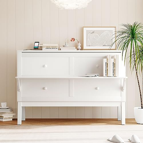Queen Size Murphy Bed with Bookcase,Foldable Platform Bed Folded into Cabinet, Wood Murphy Bed Frame with Storage Drawer and Bedside Shelves Compatible with Bedroom,Small Space(White) ，Queen Bed