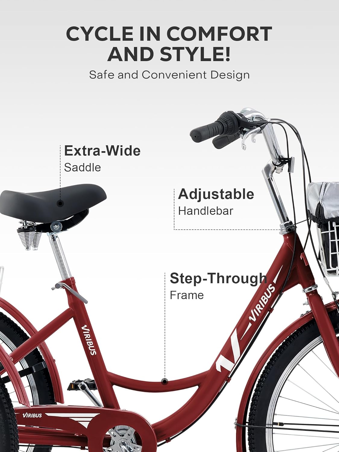 Viribus Adult Tricycle, 7 Speed Tricycle for Adults with Front & Rear Removable Wheeled Baskets, 3 Wheel Bikes for Adults 24 or 26 in, Adult Tricycles for Women Men, Adults Trike 400 lb. Berry Red