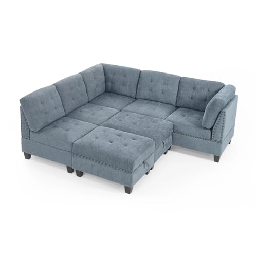 L Shape Chenille Modular Sectional Sofa, Combination Includes Three Single Chair,Two Corner and Two Ottoman