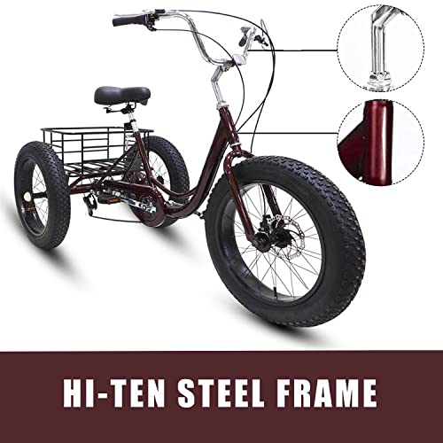 20 Inch Fat Tire Adult Tricycles 3 Wheel Bikes 7 Speed Adult Trikes Three-Wheeled Cruiser Bicycles Large Cruiser Seat with Shopping Basket for Seniors, Women, Men