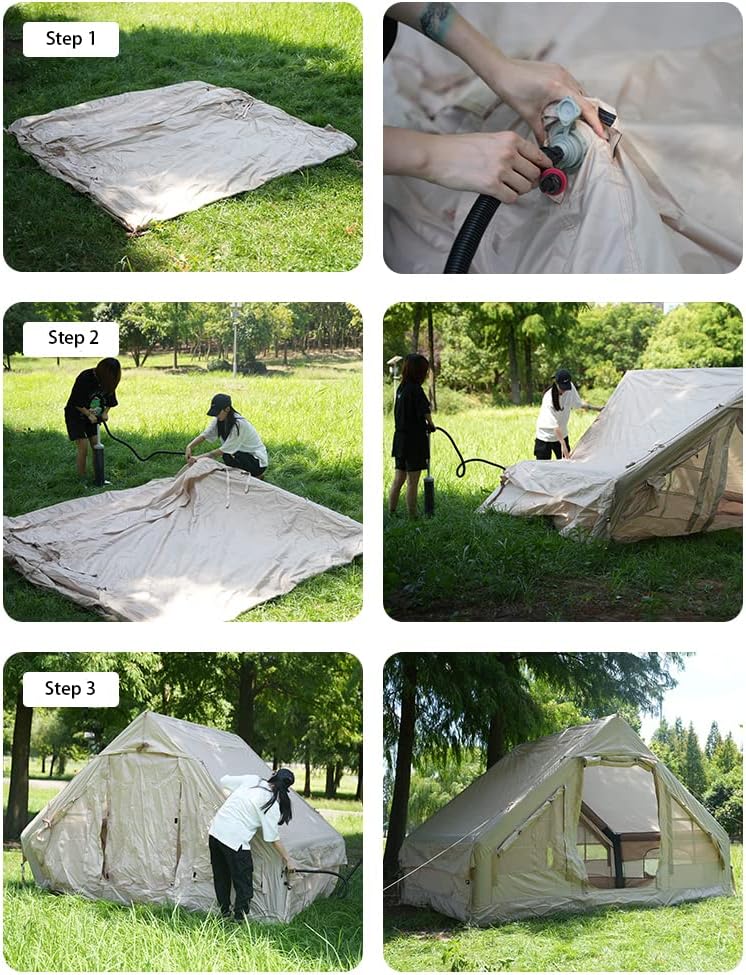 Inflatable Glamping Tent with Pump, 4-5 Person Inflatable House Tent, Easy Setup Waterproof Outdoor Oxford Tents, Self-Supporting Structure Cabin Tent with Mosquito Screen, 4 Season Air Tent