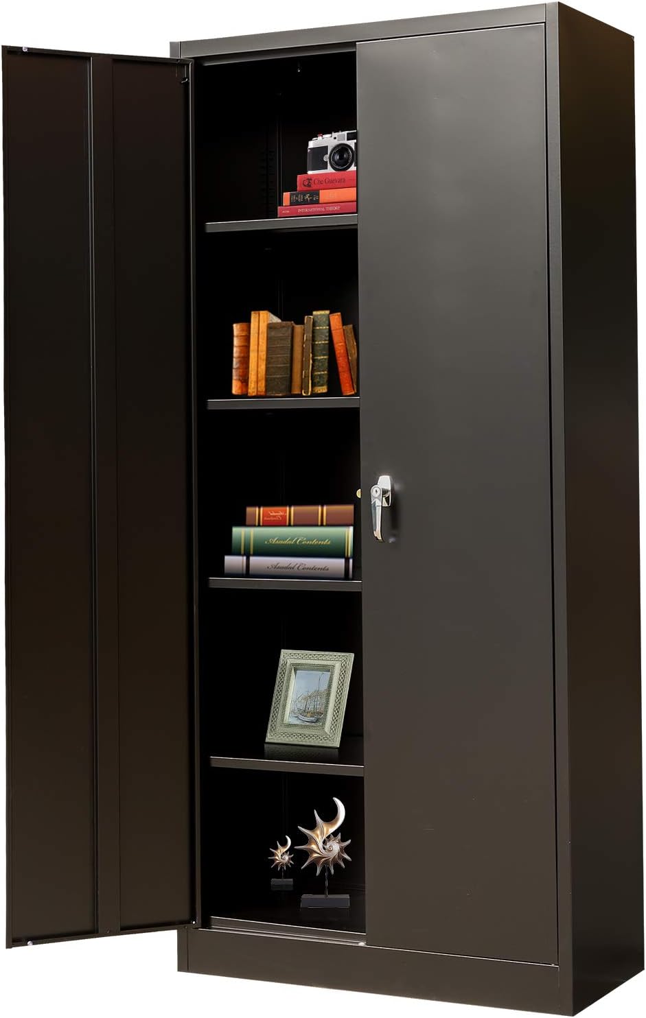 Metal Storage Cabinet with 2 Doors and 4 Shelves, Lockable Steel Storage Cabinet for Office, Garage, Warehouse, 70.86" H x 31.5" W x 15.75" D (Black)