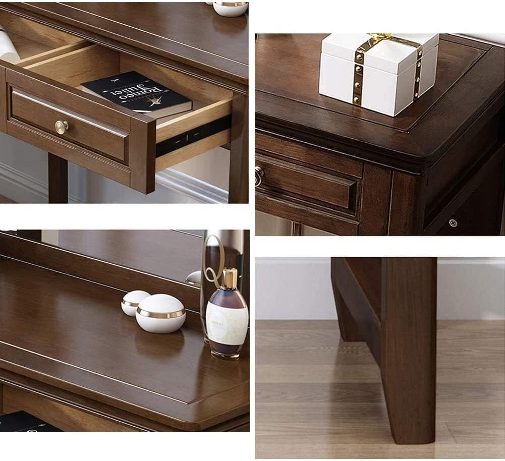 Luxury Dressing Vanity Table w/Stool for Bedroom, Antique Vanity Table Set with Mirror, 2 Drawers, Solid Wood Legs, Cushioned Stool, Dressing Table for Women