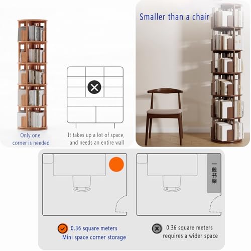 Solid Wood rotating bookshelf tower 4/5/6 vertical corner bookshelf tower 360° Floor Standing Bookcase Storage Rack Bookshelve Storage Display Rack for Living Room Study Room Office(Cherry wood,46*46*