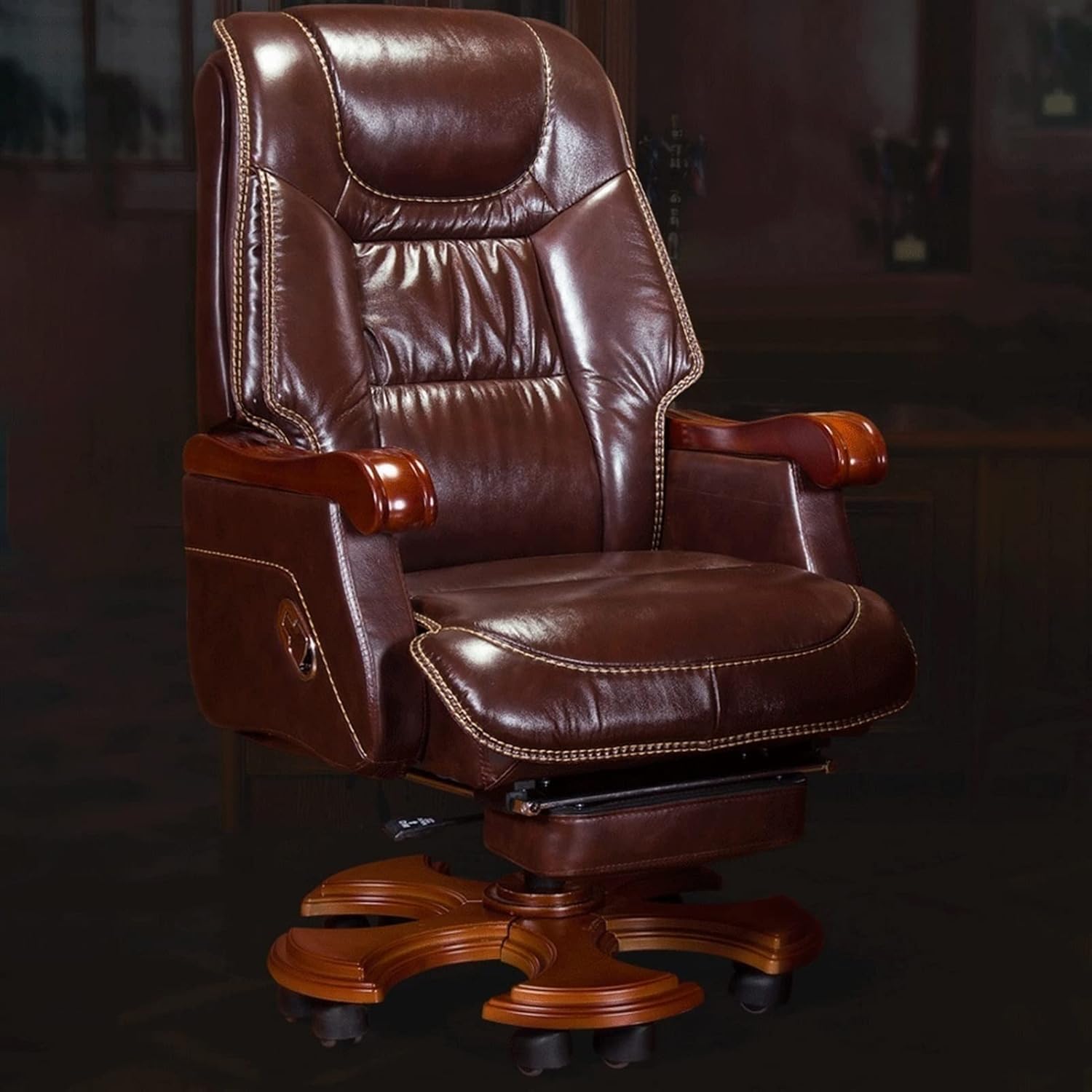 Boss Chair High Back Leather Executive Brown Office Chair Adjustable Swivel Boss Chair Ergonomic Computer Chair Desk Chair with Retractable Footrest and Armrests Lumbar Support