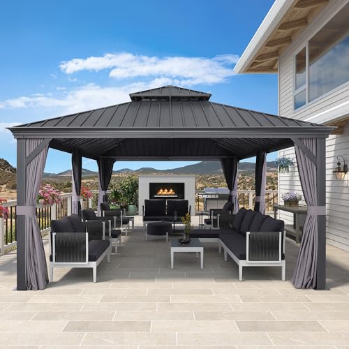 PURPLE LEAF 10' X 14' Permanent Hardtop Gazebo Aluminum Gazebo with Galvanized Steel Double Roof for Patio Lawn and Garden, Curtains and Netting Included, Grey