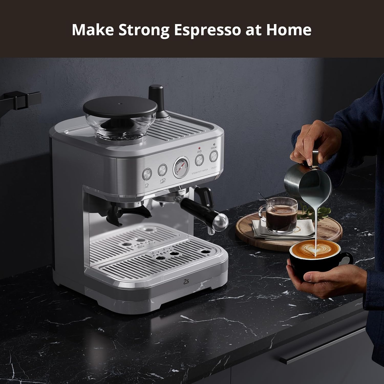 Espresso Machine with Milk Frother, All in One Cappuccino Latte Coffee Maker for Home Barista, Built-In Bean Grinder, 85oz Removable Water Tank, Gifts for Dad, Mom, Coffee Lover