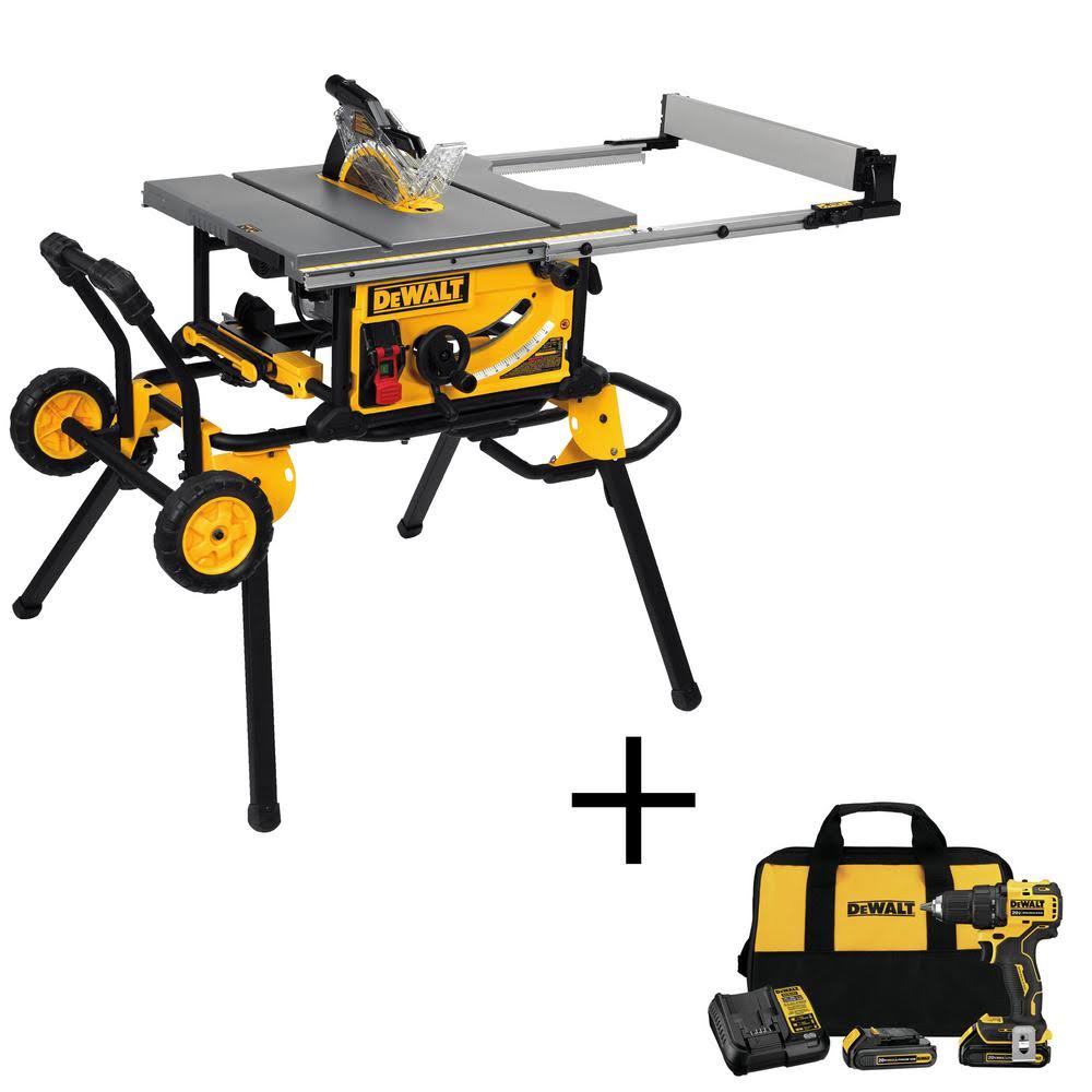 DeWalt 15 Amp Corded 10 in. Job Site Table Saw with Rolling Stand and Bonus Atomic 20-Volt Lithium-Ion 1/2 in. Drill Driver Kit