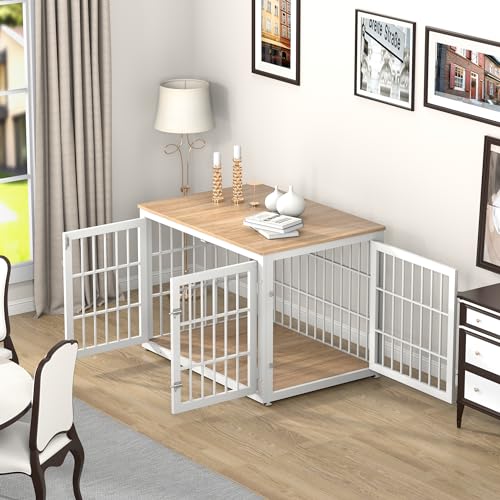 48 Inch Heavy Duty Dog Crate Furniture for Large Dogs, Decorative Pet House End Table, Extra Large Wooden Cage Kennel Furniture Indoor, Natural and White
