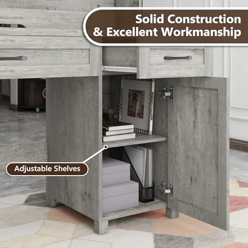 Farmhouse 47'' Executive Desk, I-Shape Desk with 3 Drawers, 2 Cabinets, Gray Oak, for Home Office