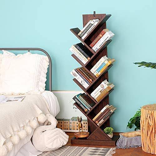 Bathwa Tree Bookshelf, 9-Shelf Tree Bookcase Wood Bookshelves, Floor Standing Tree Bookcase in Living Room Home Office, Tree She