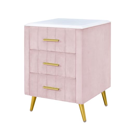SOFTSEA 3-Piece Queen Bedroom Set, 3 Pieces Furniture Bedroom Sets Include Queen Size Upholstered Platform Bed and 2 Nightstands, Velvet Nightstands with Marbling Worktop and Metal Legs&Handles, Pink