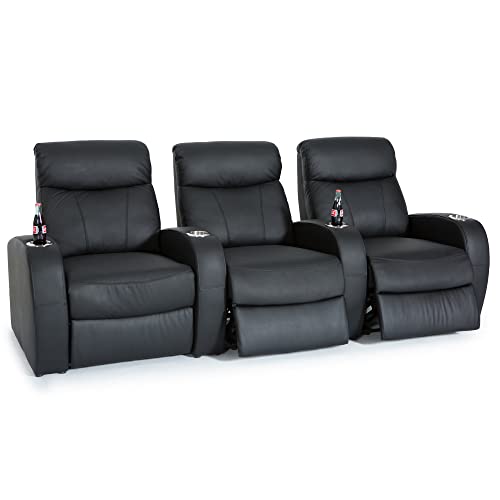 Seatcraft Rialto Home Theater Seating, Top Grain Leather, Living Room, Powered Recline, Black Cupholders, Row of 3, Black