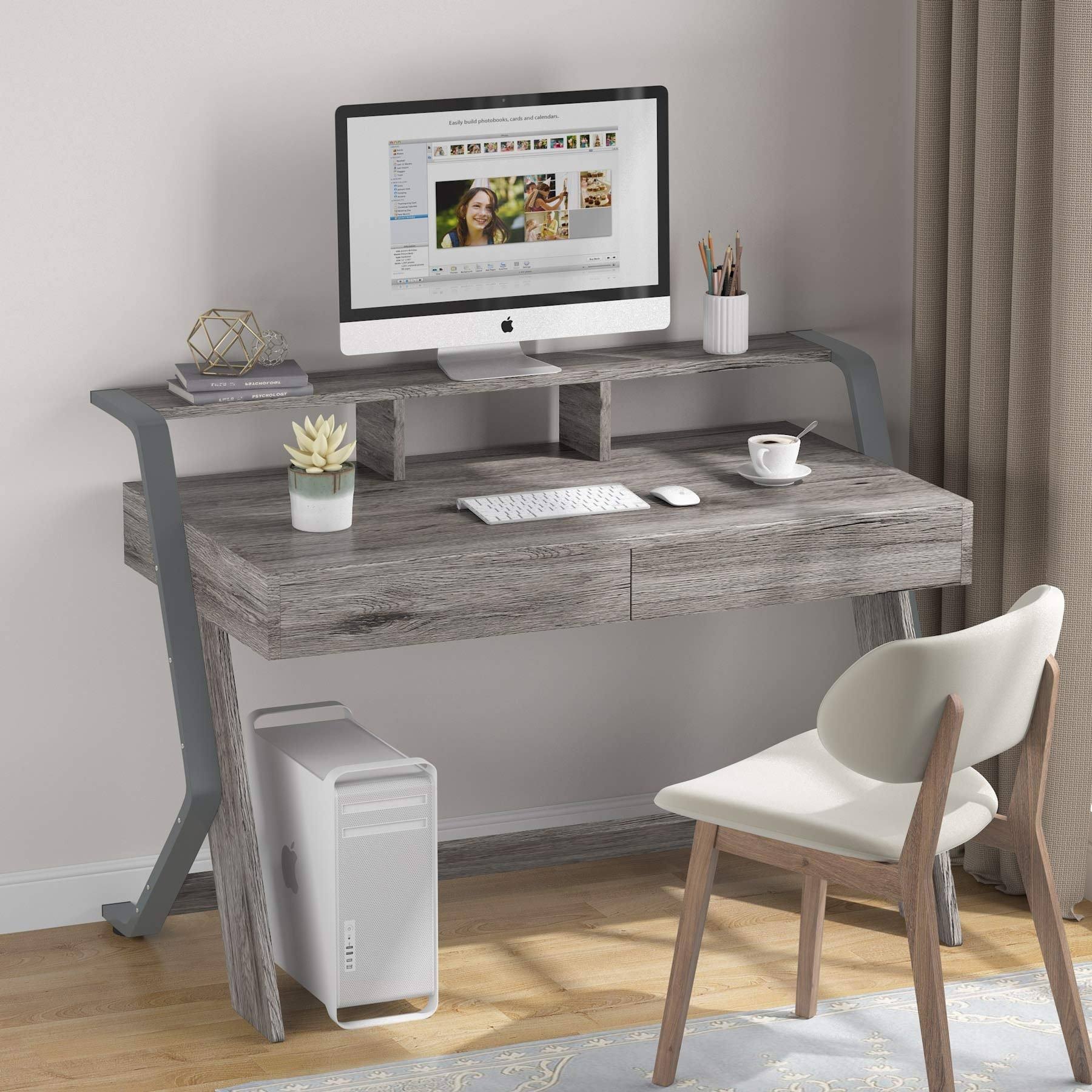 Tribesigns 47'' Computer Desk with 2 Storage Drawers and Monitor Stand - Oak Gray - Wood Finish