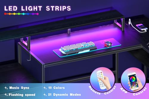 L Shaped Gaming Desk with Drawes,Computer Desk with Led Lights & Power Outlets, Reversible Home Office Desk with Shelves White