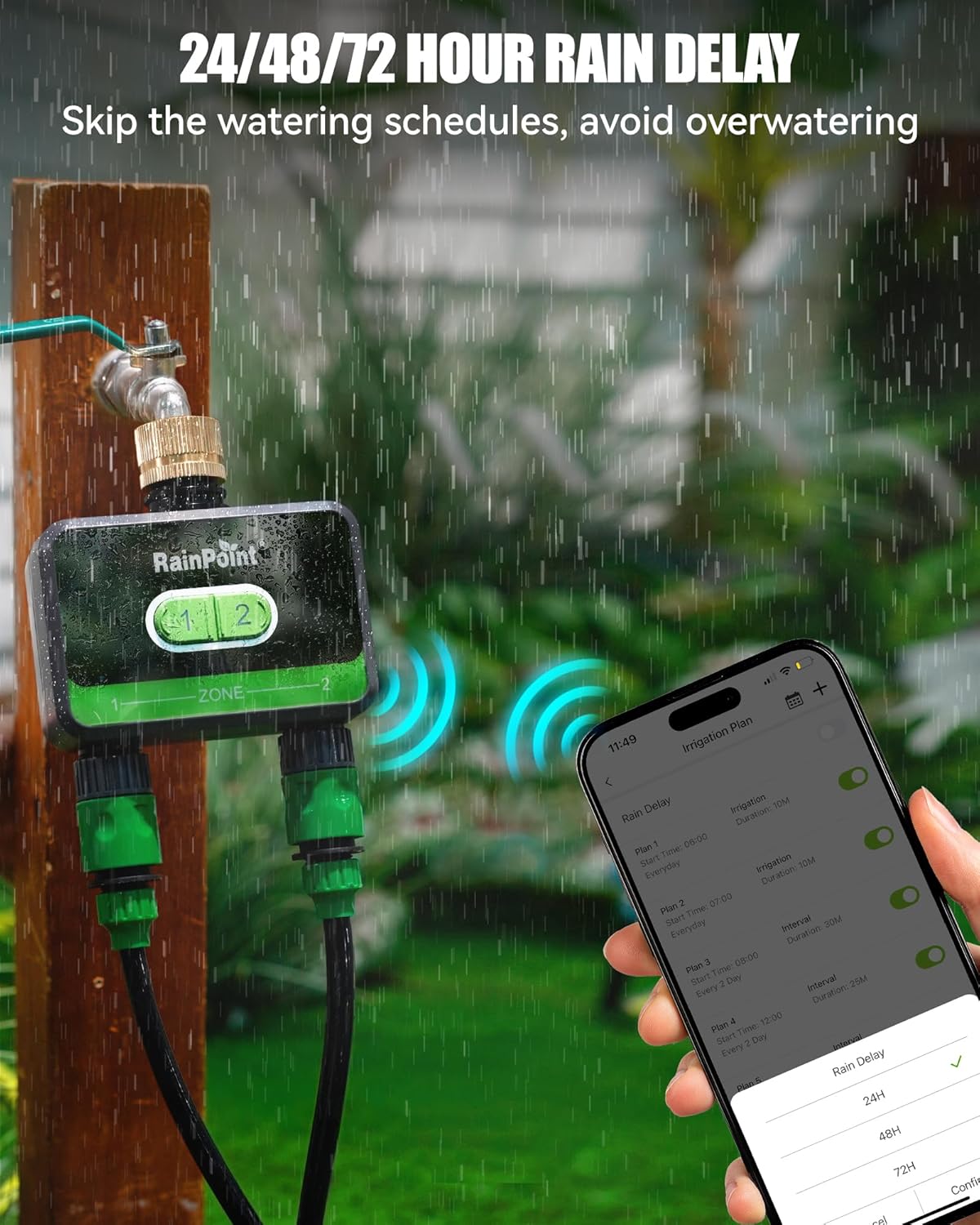 RAINPOINT Smart Water Timer for Garden Hose with Brass Inlet, Bluetooth Sprinkler Timer 2 Outlet