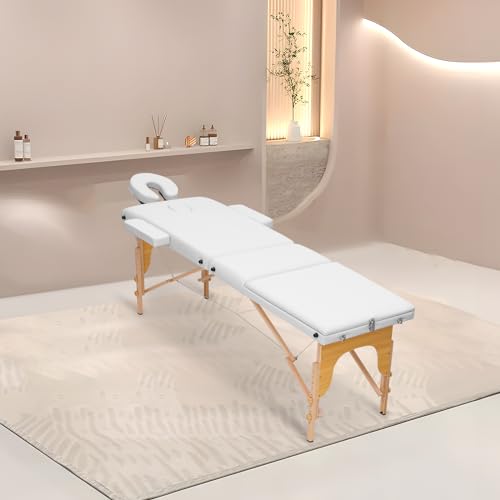 MoNiBloom Massage Table 3 Fold Portable Massage Table 82" Massage Bed Height Adjustable SPA Bed w/Carry Case Beechwood Frame Foldable Massage Table, White