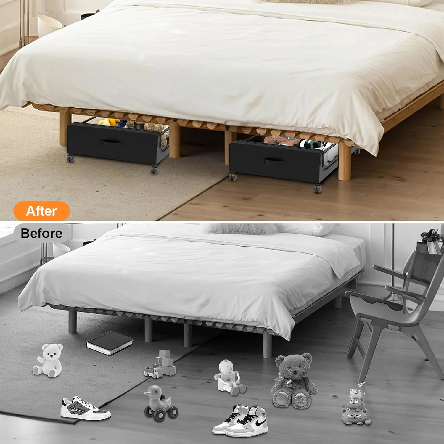 Under Bed Storage with Wheels 2 Pack, Under Bed Storage Containers, Large Under Bed Rolling Storage with Lid, Bedroom Storage Organizer for Clothes, Shoes,Toys, Books, Blankets BLACK