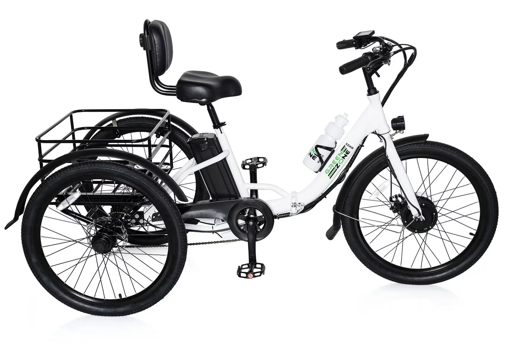 24" Electric Folding Tricycle for Adults & Seniors, 7-Speed, 3 Wheels Trike, 350W Motor, Black & White - Green Zone Bikes