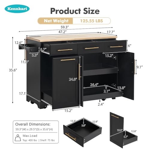 59.3" Rolling Kitchen Island on Wheels with Trash Can Storage Cabinet, Island Table for Kitchen with Power Outlet, Kitchen Cart with Drop Leaf and Internal Storage Rack (Black)