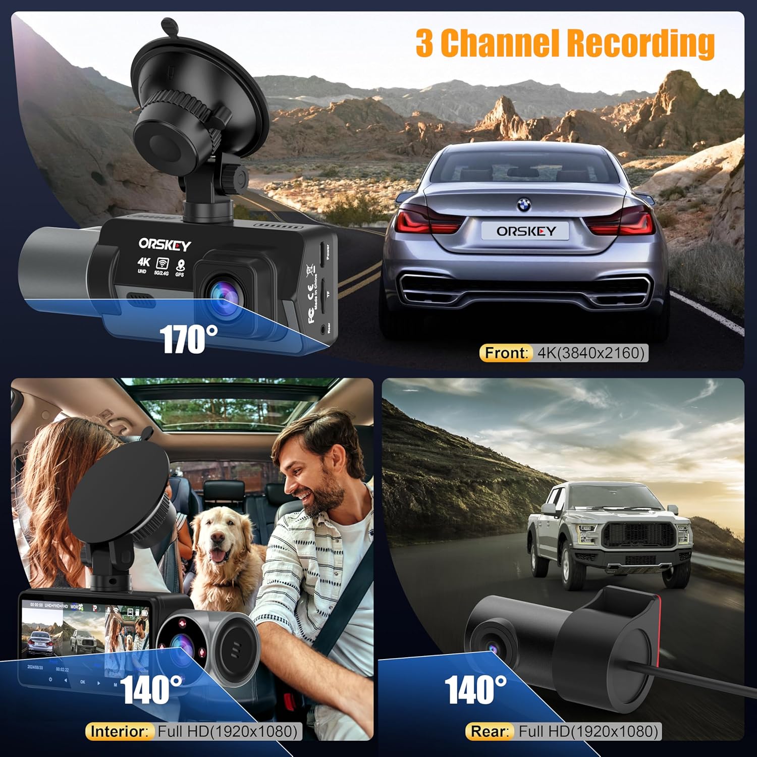 4K Dash Cam Front and Rear Inside 5G WiFi, 64GB Card, Orskey 4K+1080P Dashcam Built-in GPS, 3 Channel Dash Camera for Cars, 3.16" IPS Display, Night Vision, APP Control,24H Parking Mode,Max 256GB