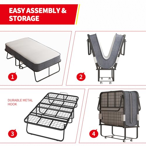 MUZZ Folding Bed with 5" Memory Foam Mattress,Rollaway Bed with Headboard for Adults, Portable Foldable Bed with 4 Lockable Wheels and Metal Frame for Living Room,Guest Room (75" x 31")