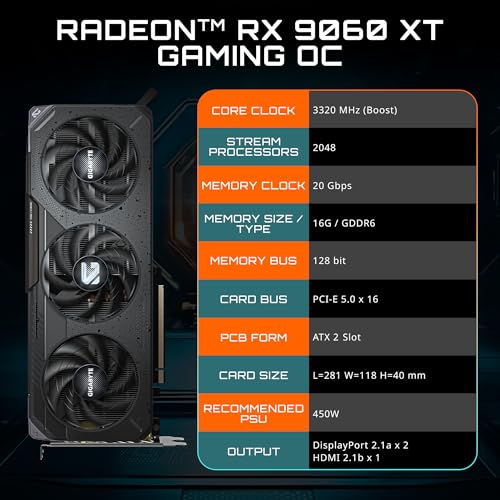GIGABYTE Radeon RX 9060 XT Gaming OC 16G Graphics Card, PCIe 5.0, 16GB GDDR6, GV-R9060XTGAMING OC-16GD Video Card