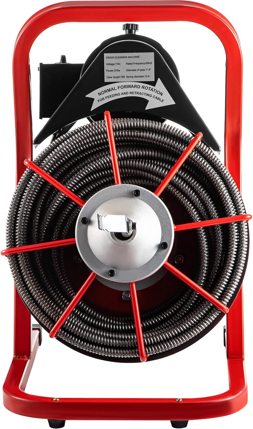 VEVOR Drain Cleaner Machine, 75 Ft x 1/2 Inch Drain Cleaning Machine Fits 1 to 4 Inch Pipes, Portable Drain Auger Cleaner with 4 Cutters, Electric Drain Clog Remover Plumbing Tool
