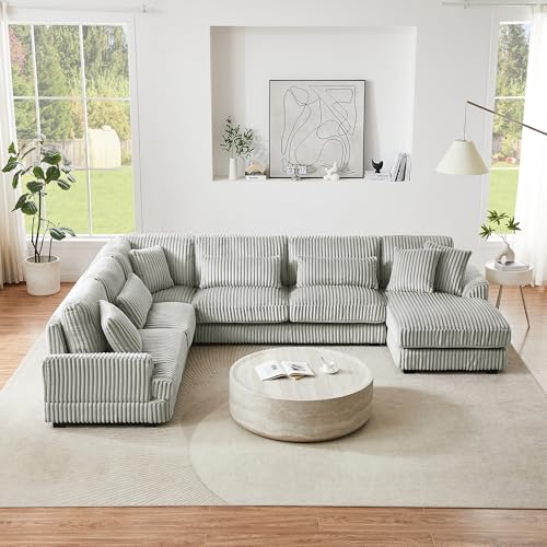 Oversized U-Shaped Sectional Sofa Couch Plush Corduroy Upholstered Modular Deep Seat Sofa&Couch Sectional W/Right Facing Chaise Lounge and 7 Toss Pillows for Home Apartment Living Room Furniture Sets