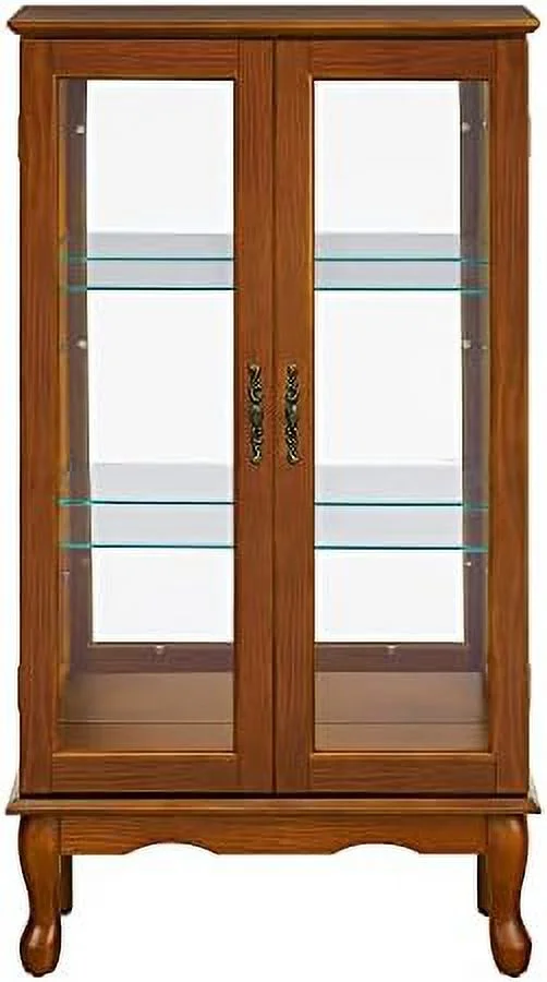 KHBIULIFE 3- Lighted Curio Glass Display Case with 2 Doors Wooden Shelving Unit Cabinet with Adjustable Shelves and Mirrored Back Panel for Living Room Office Bedroom (Oak - Bulbs not Inc