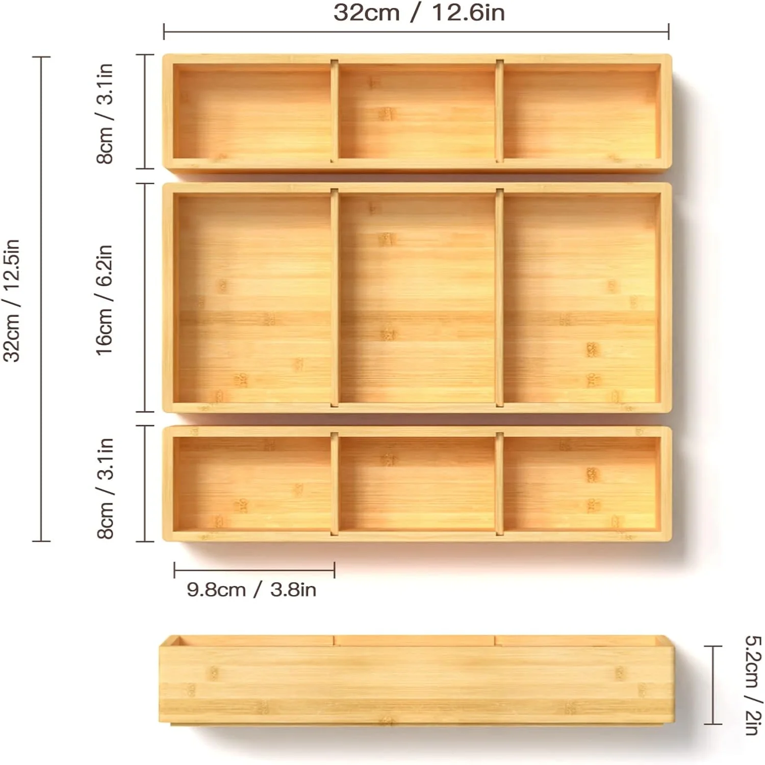 FDTBYHVYT Bamboo Drawer Organizer 12.5&amp;#39;&amp;#39; X 12.5&amp;#39;&amp;#39; X 2&amp;#39;&amp;#39;  Adjustable 3 Individual Junk Drawer organizer for Bathroom and Kitchen  Wood Drawer Tea Organier Boxes for
