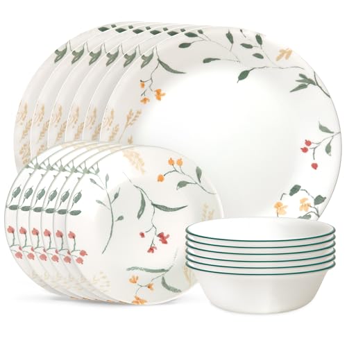 Corelle Vitrelle 18-Piece Dinnerware Sets, Service for 6, Triple Layer Chip Resistant Glass Plates & Bowls, Portofino & Wildflower