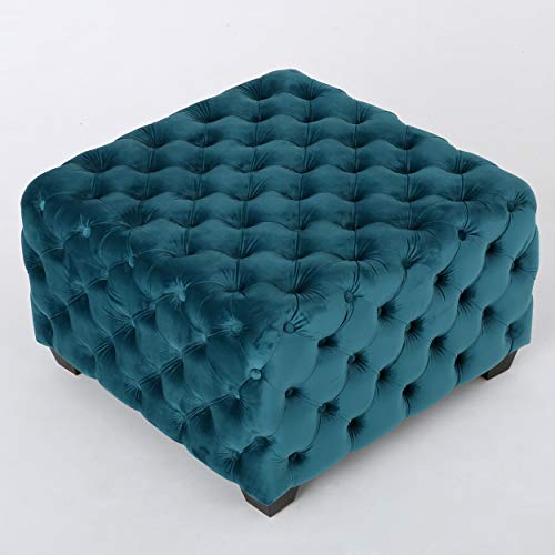 Modern Glam Button Tufted Velvet Ottoman, Dark Teal and Dark Brown