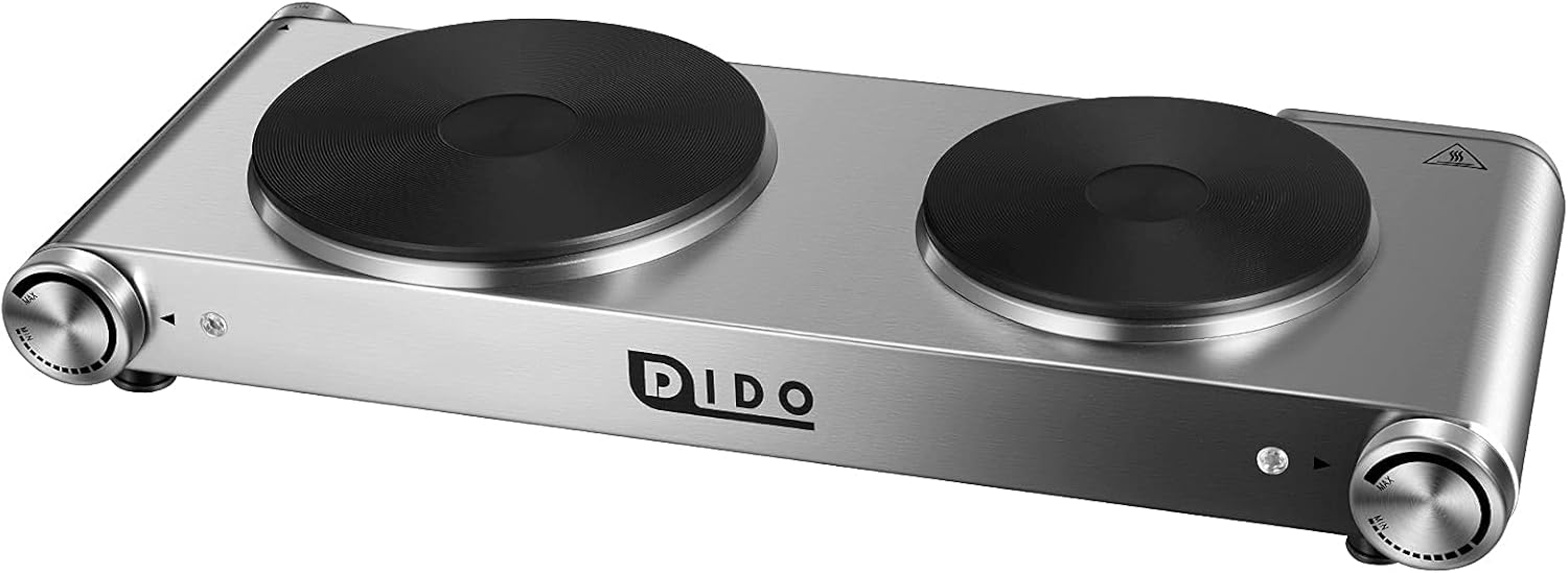 DIDO 1800W Hot Plate, Portable Electric Stove Countertop Cast-Iron Double Burner with Adjustable Temperature& Anti-Slip Feet, Stainless Steel Cooktop for Home/Camp/RV, Compatible for All Cookwares