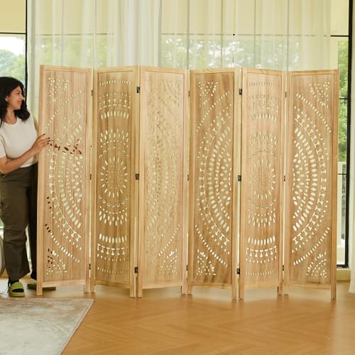Room Divider Wood Carved Wall Divider Indoor Folding Bohemian Style Portable Partition Screen for Home Office Garden Terrace - 6 Panels (Antique, White-Washed)