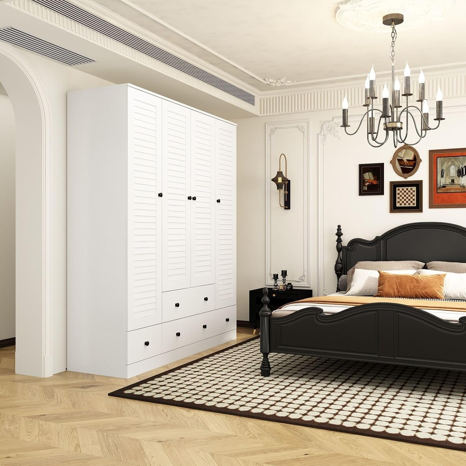 Rustic White Large Capacity Slat Door Wardrobe Closet with 5 Drawers and 4 Doors Roomy Storage, E355142988740