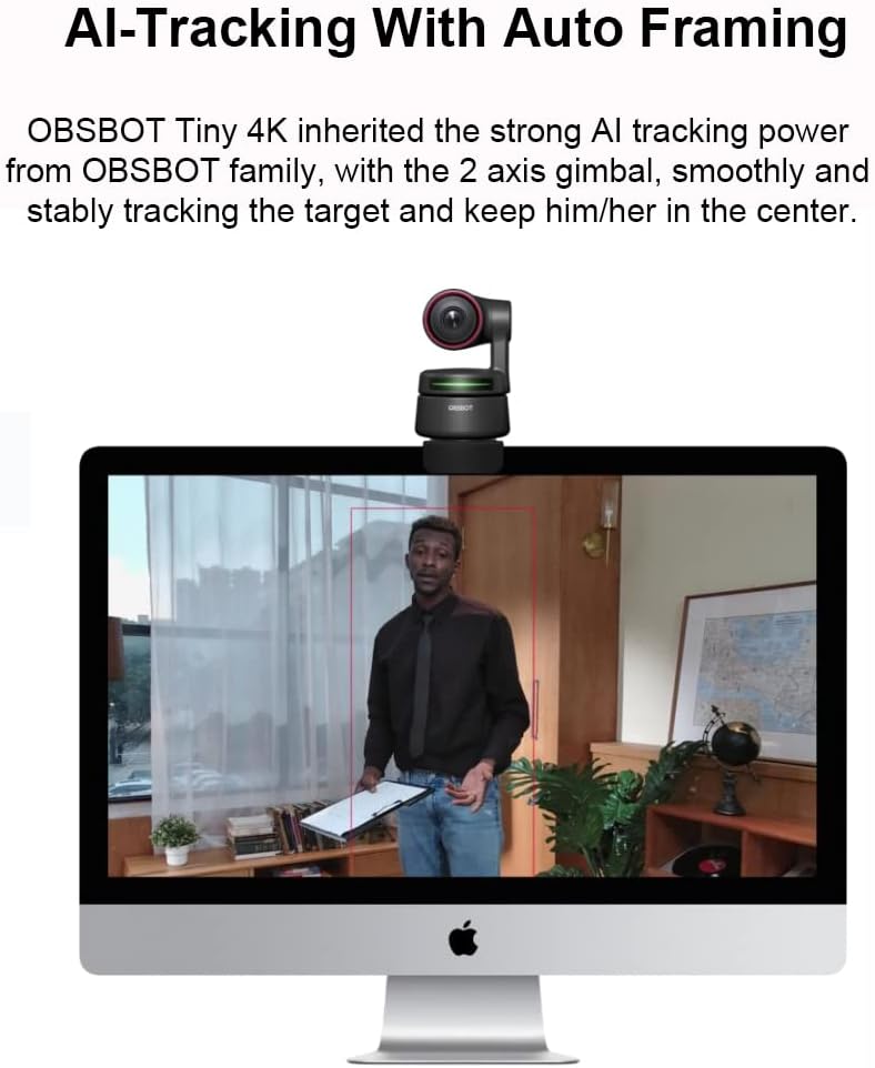 OBSBOT Tiny 4K PTZ Webcam, 4K Resolution AI-Powered AI-Tracking Auto-Framing Gesture Control HDR Webcam with 4X Zoom for for Video Chat Online Meeting Online Class Live Streaming